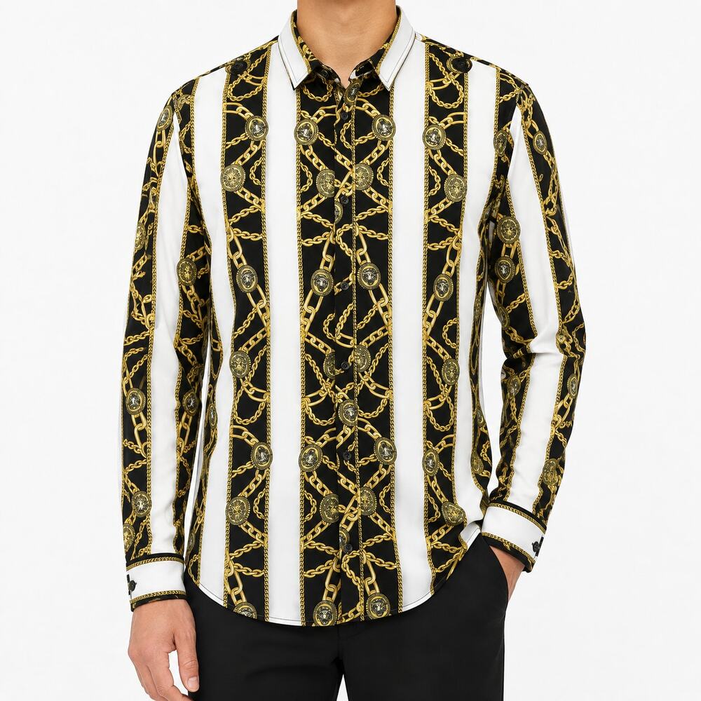 Drill Clothing Shirt Mens XL Black White Stretch Gold Chains Medusa Long Sleeve